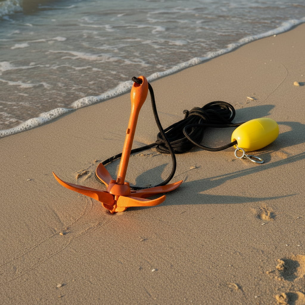 Orange anchor with a yellow float on a sandy beach with ocean waves in the background
