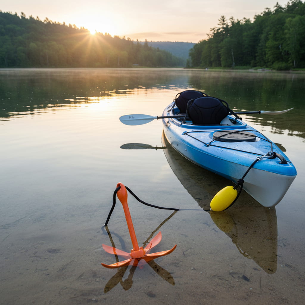 Kayak with paddle and anchor on a calm lake at sunset