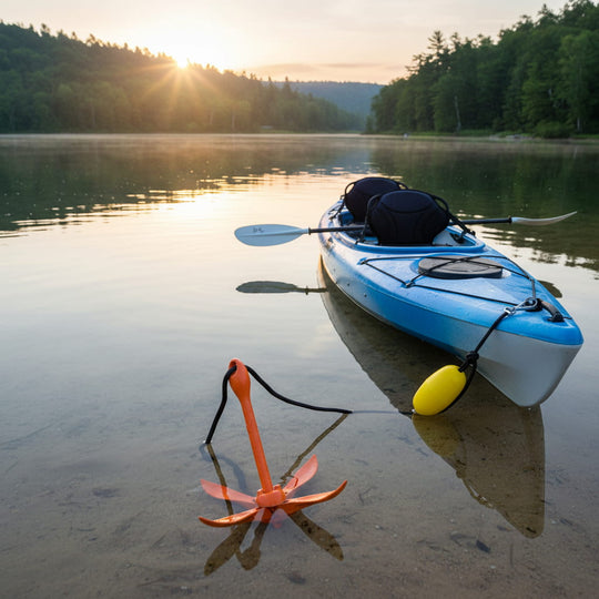 Kayak with paddle and anchor on a calm lake at sunset