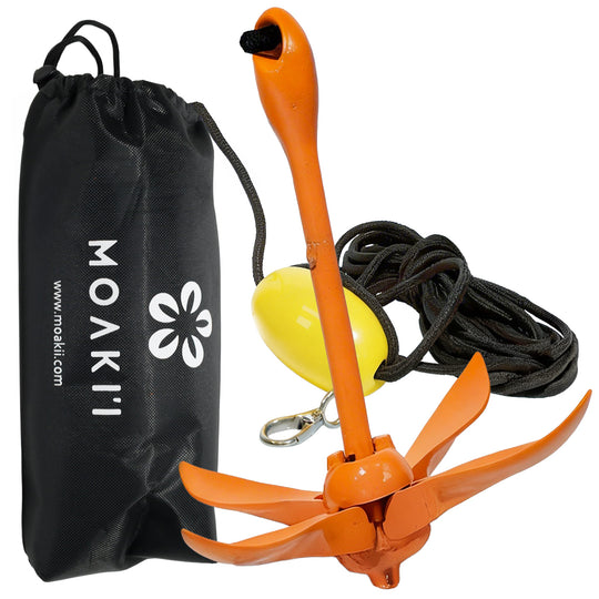 Orange anchor with yellow buoy and black rope, accompanied by a black drawstring bag with 'MOAIKII' branding on a white background.