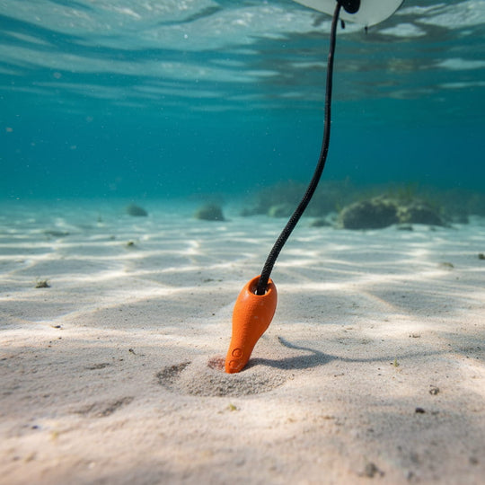 Orange underwater device with a black cable on a sandy ocean floor