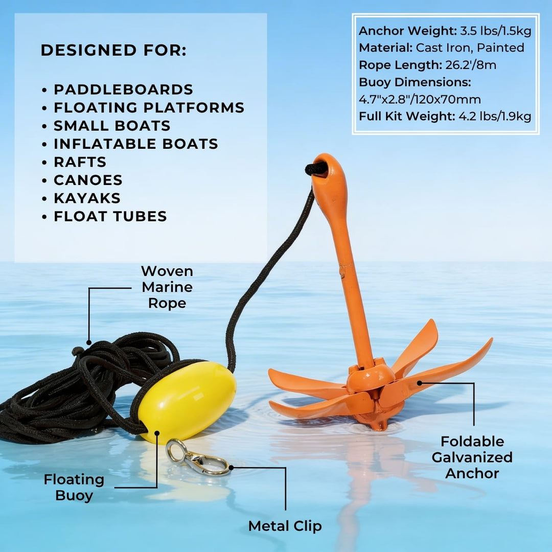 Anchor with floating buoy and metal clip on a blue background