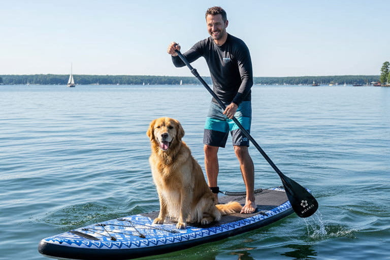 Paddler and dog on the Moaki'i Seeker 11'6", demonstrating its massive 360lb weight capacity and stability.