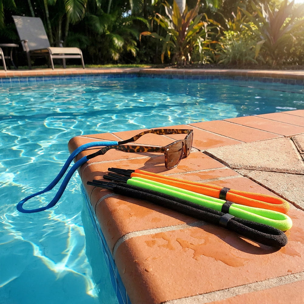 Neon sunglasses straps and sunglasses on a poolside ledge with a pool and garden in the background