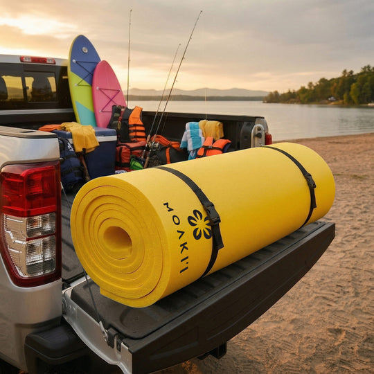 Yellow inflatable mat on a truck bed with fishing equipment and surfboards at a lake.