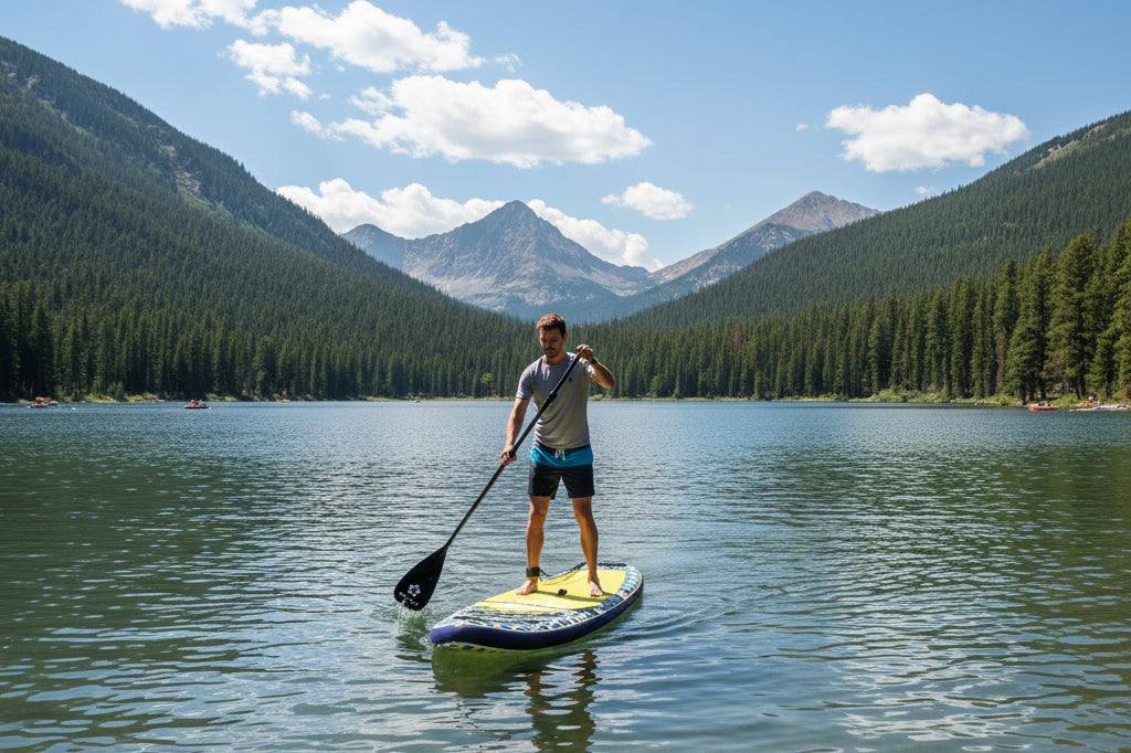 Paddler on the Trekker with a mountain backdrop, perfect for adventure-filled lake days.