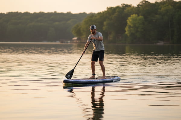 Man paddling the Seeker 11'6" at sunset, perfect for long-distance cruising.