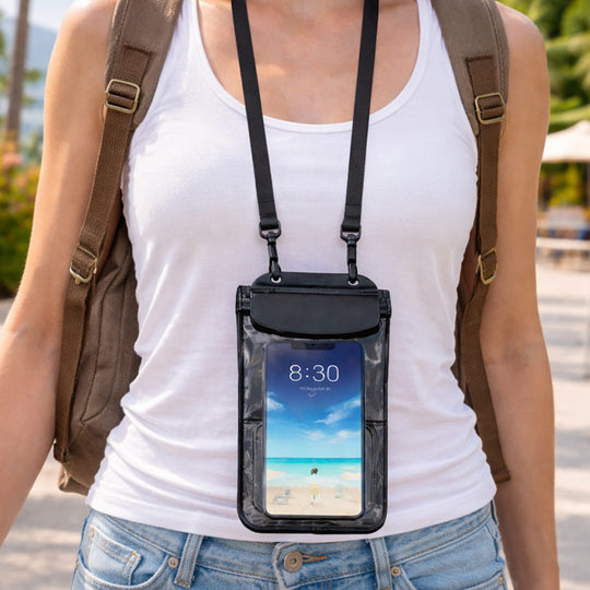 A woman wearing the Moaki’i waterproof travel phone pouch with a black lanyard over a white tank top.