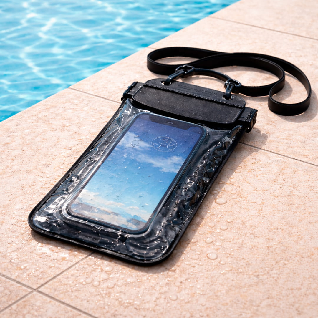 Moaki’i universal waterproof phone case sitting on the edge of a blue swimming pool.