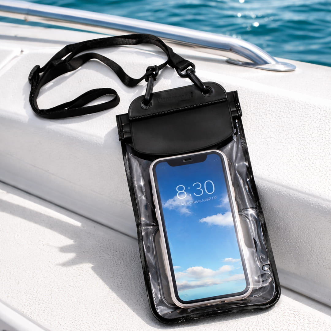 Moaki’i waterproof dry bag for smartphones resting on the white deck of a boat.