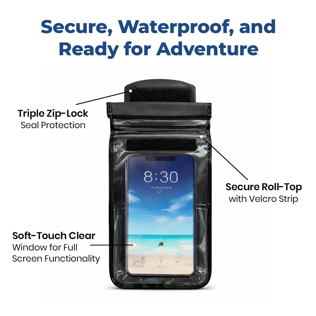Infographic showing Moaki’i phone pouch features: Triple Zip-Lock, Secure Roll-Top, and Soft-Touch Clear Window.