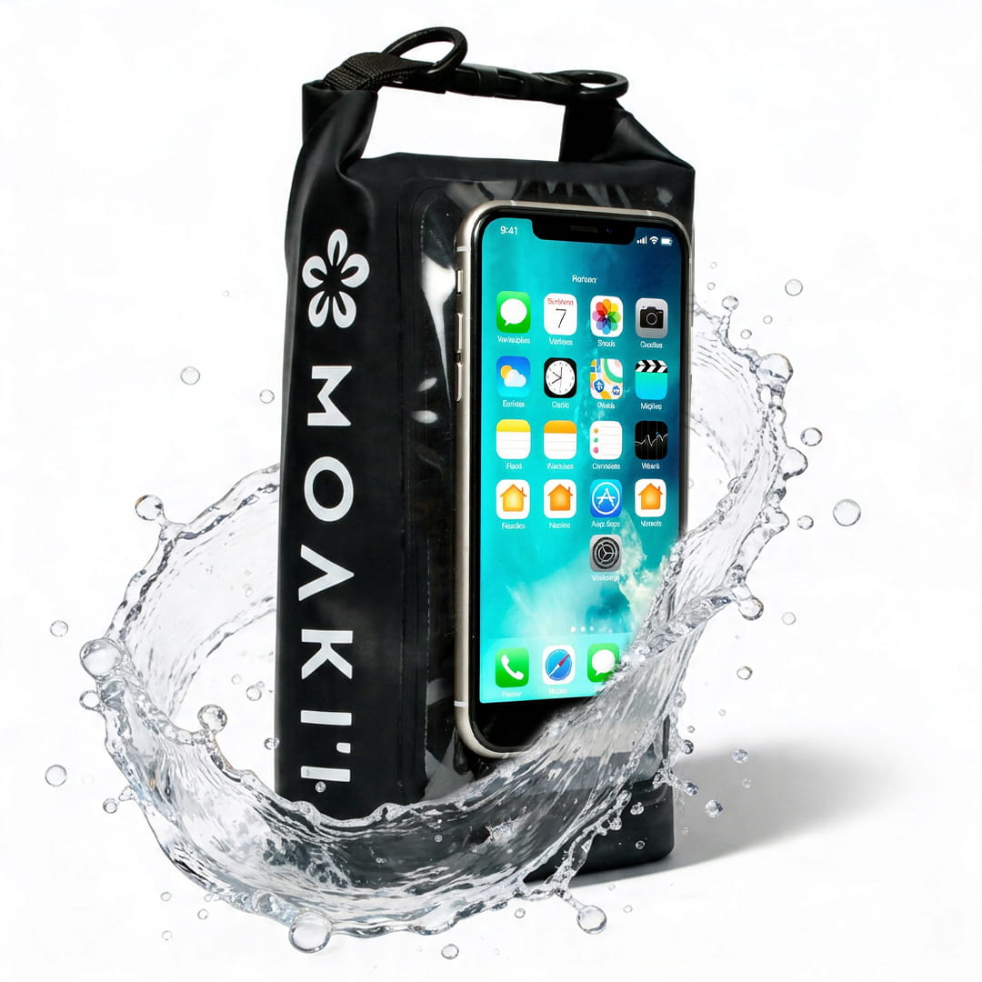 Black waterproof phone case with a smartphone inside, splashing water effect on a white background