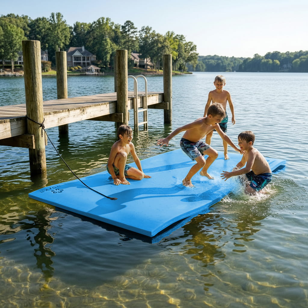 Children playing on a blue floating platform in a lake with a dock in the background.