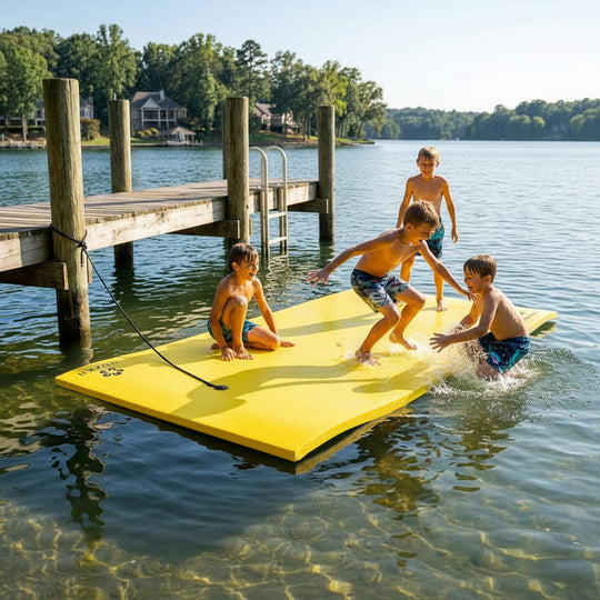 Children playing on a yellow floating platform in a lake with a dock in the background.