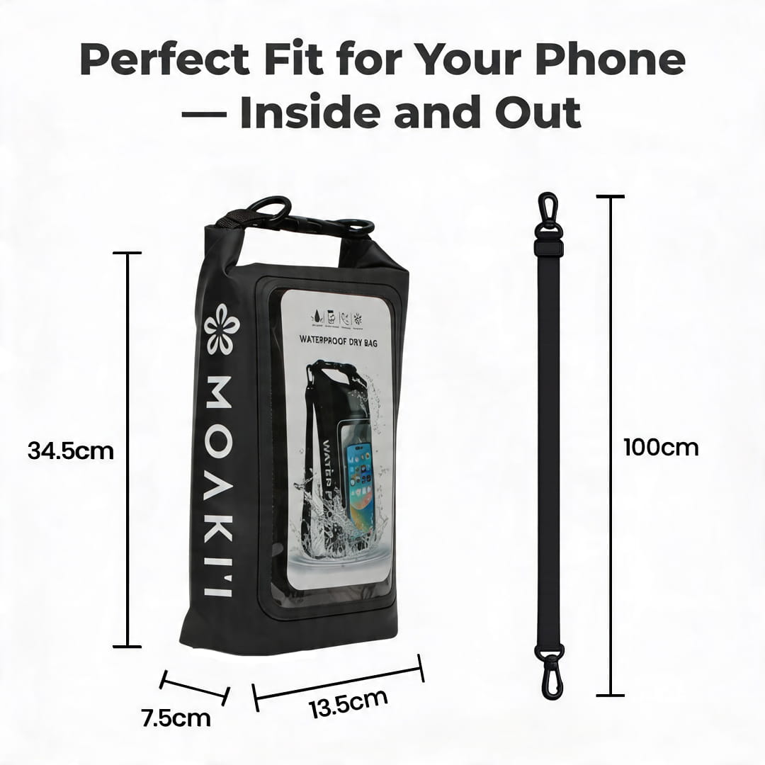Black Moakit waterproof dry bag with measurements on a white background