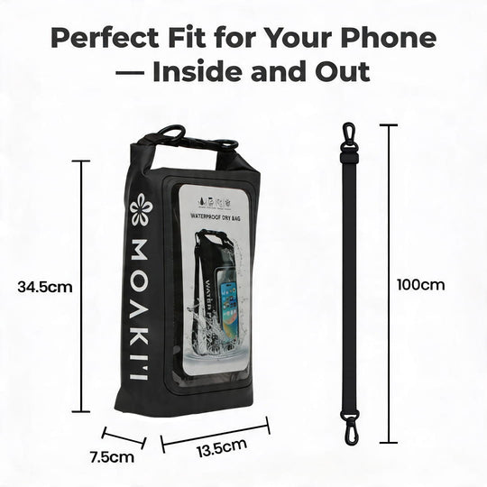 Black Moakit waterproof dry bag with measurements on a white background
