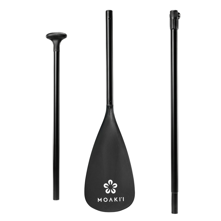 Three views of a black paddle set on a white background: a full paddle in the center with the MOAKI logo, and two partial views showing the handle and shaft.