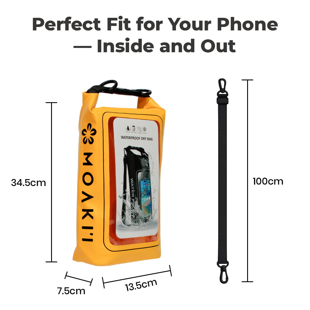 Yellow MoKii waterproof dry bag with dimensions and phone inside on a white background