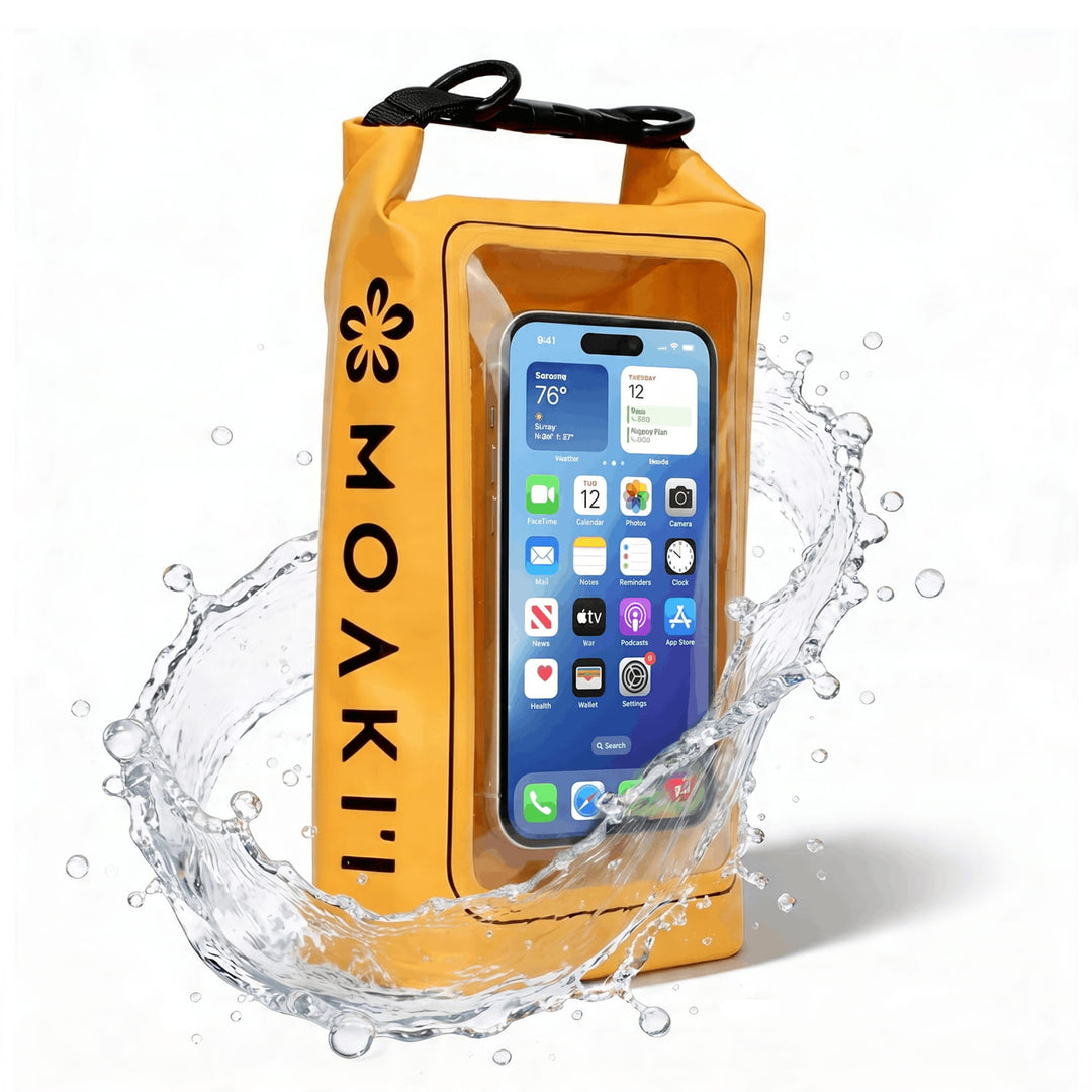 Yellow waterproof phone case with a smartphone inside, surrounded by water splashes on a white background.
