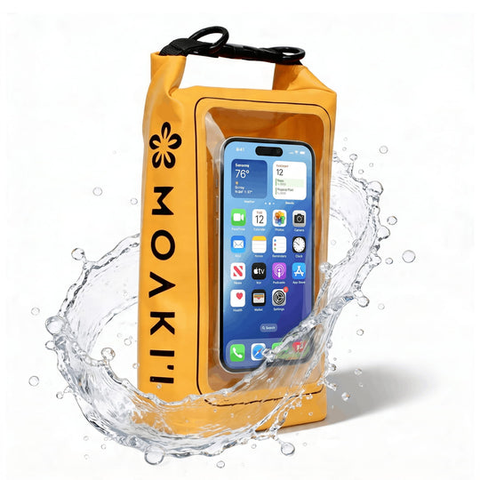 Yellow waterproof phone case with a smartphone inside, surrounded by water splashes on a white background.