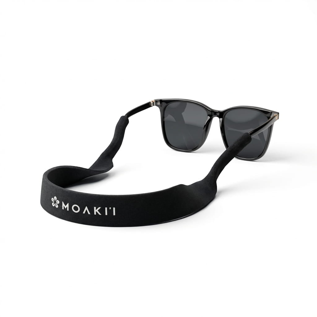black neoprene strap for sunglasses attached to a pair of sunglasses on white background