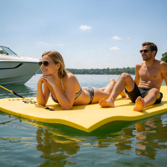 Two people on a yellow floating device in the water with a boat in the background.