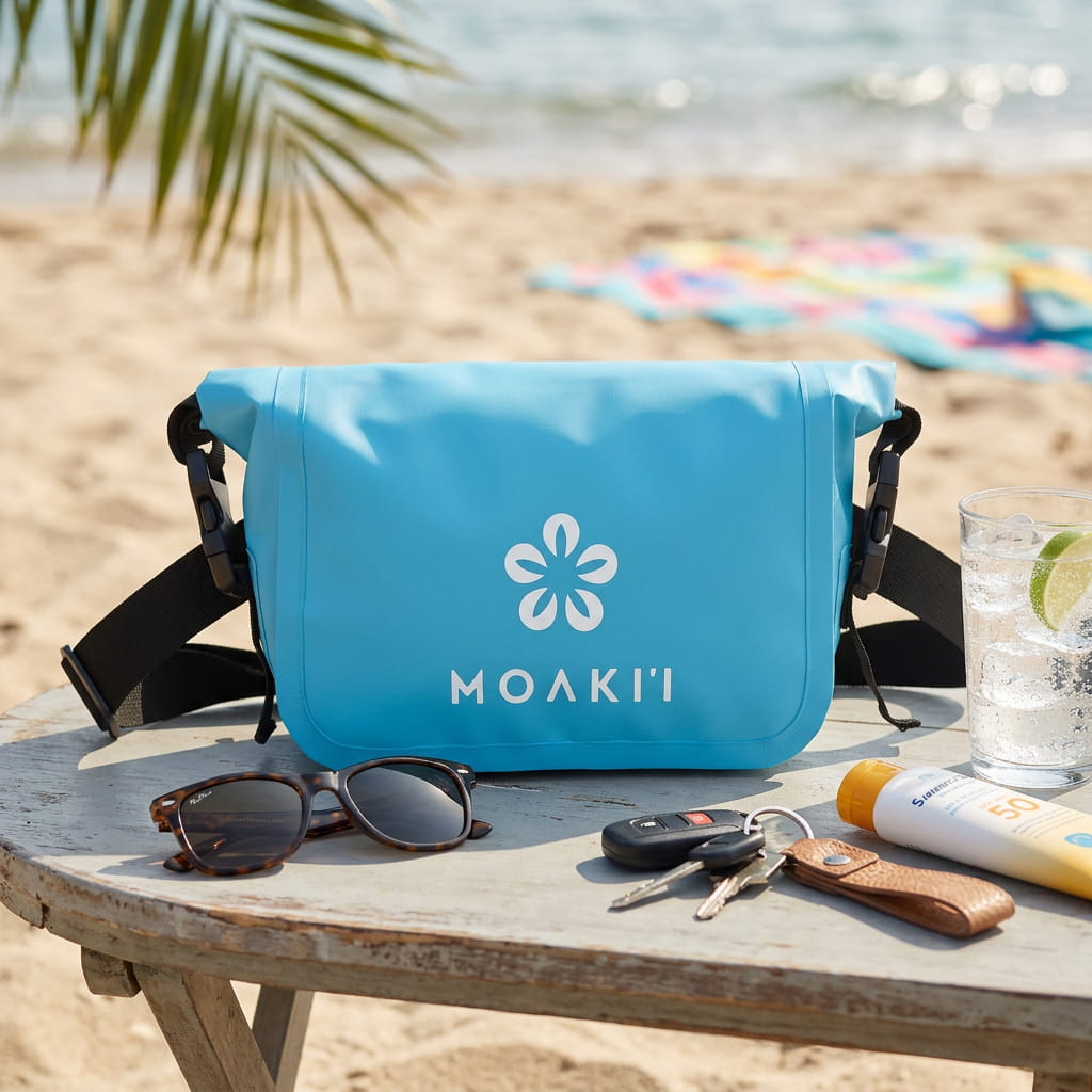 Blue Moaki bag on a wooden table at the beach with sunglasses, keys, and sunscreen.