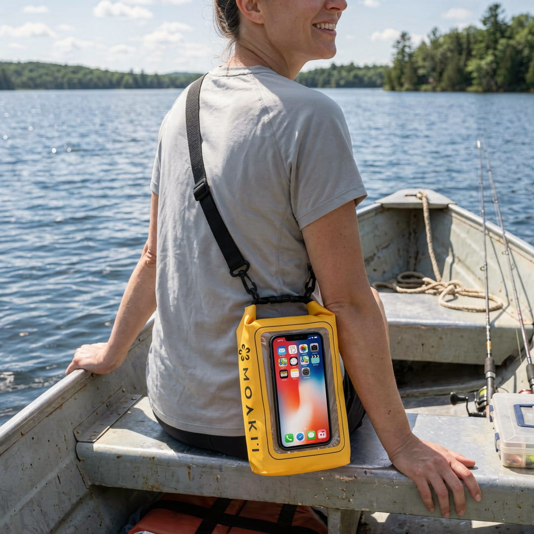Person on a boat with a yellow phone case displaying an iPhone, surrounded by water and trees.